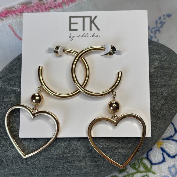 ETK by Ettika Gold Hoop Heart Earrings NWT Minimal MOD Retro Darling Gift - Picture 5 of 5